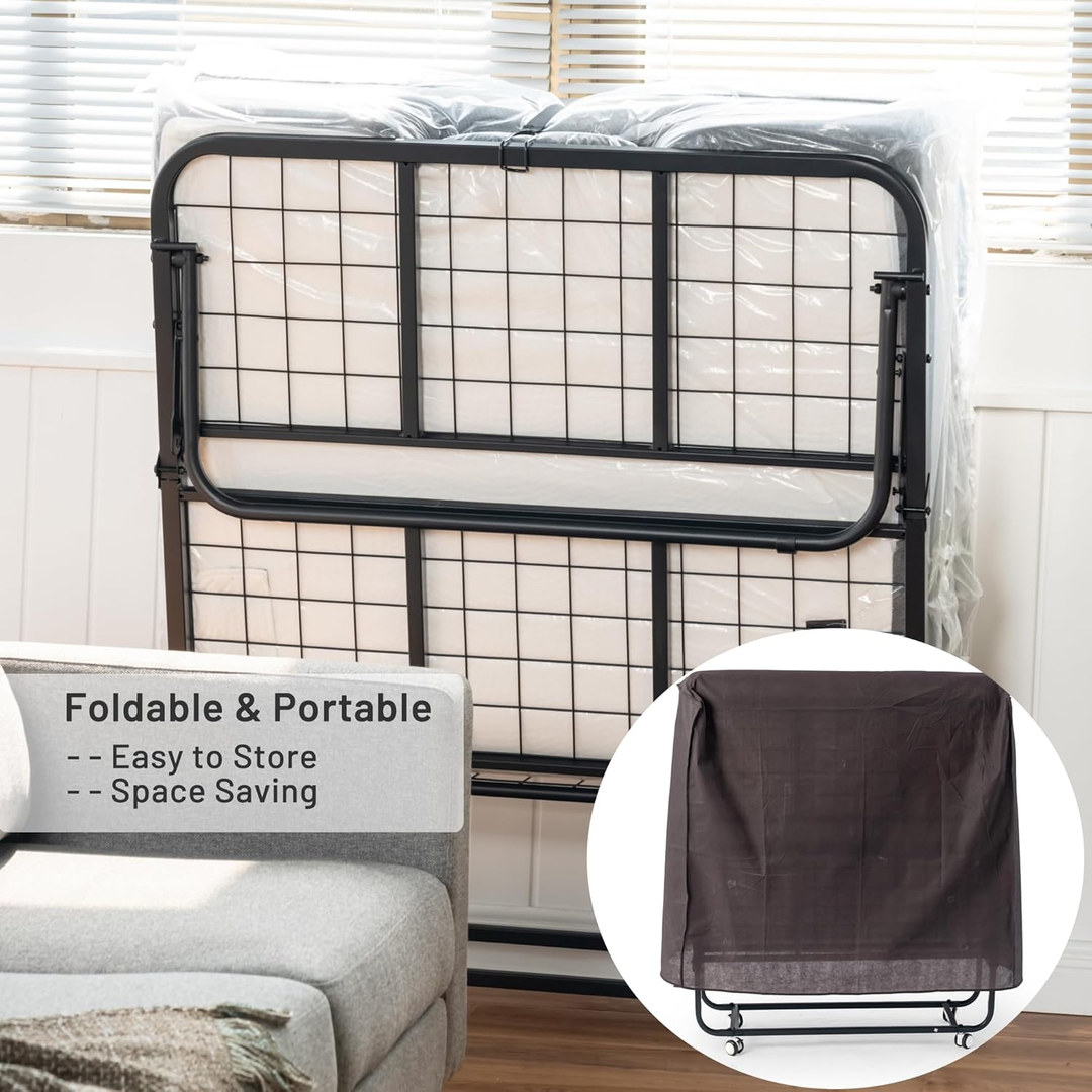 FurnitureR Klappbett mit 12,7 cm dicker Memory-Schaum-Matratze – 190 x 76 cm schmales Einzelbettgestell mit Rollen, zusammenklappbar, robuste Metallkonstruktion