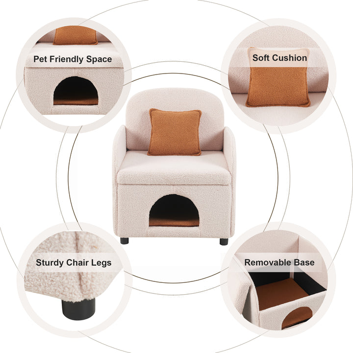 Fauteuil d'appoint FurnitureR moderne en peau de mouton retournée crème avec panier pour chat dissimulé, fauteuil lounge rembourré pour animaux de compagnie avec coussin marron chaud