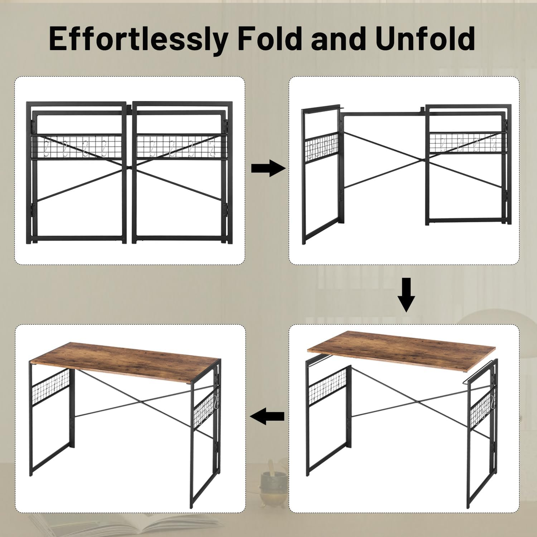 Bureau pliant FurnitureR, 100 cm (39,4 pouces), table d'étude/d'écriture peu encombrante, bureau d'ordinateur avec 8 crochets de rangement pour chambre, bureau à domicile, dortoir, marron