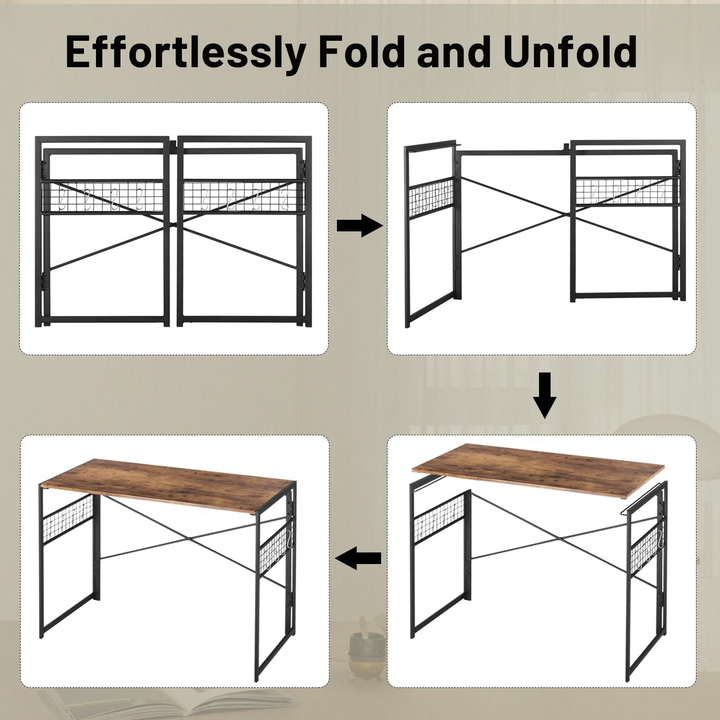Bureau pliant FurnitureR, 100 cm (39,4 pouces), table d'étude/d'écriture peu encombrante, bureau d'ordinateur avec 8 crochets de rangement pour chambre, bureau à domicile, dortoir, marron