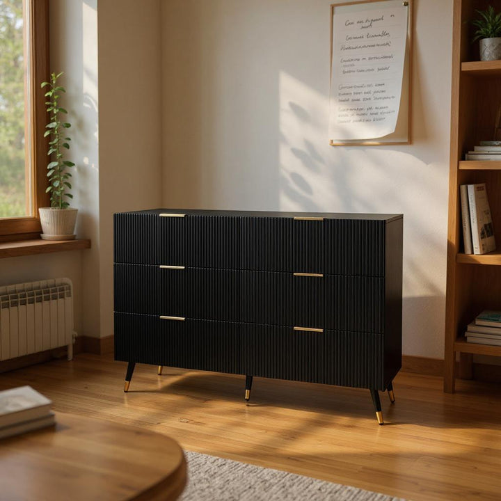 Meuble Sous Escalier, Pieds et Poignées Dorés, 6 Grands Tiroirs, Armoire de Rangement, 120 cm
