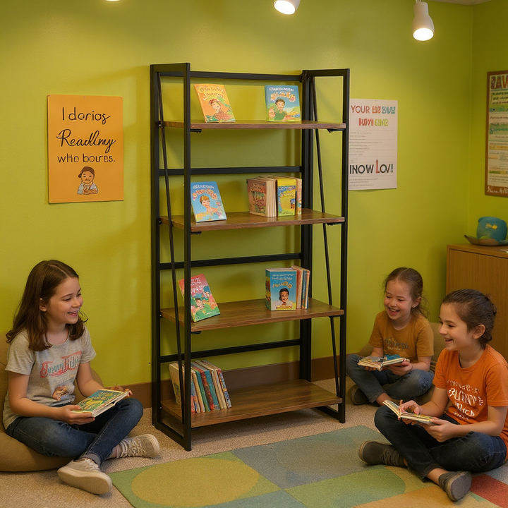 FurnitureR Folding 4-Tier Bookshelf Storage Rack, Metal Bookcase with Rustic Wood Shelves,  Foldable Home Organizer for Living Room, Office, Brown