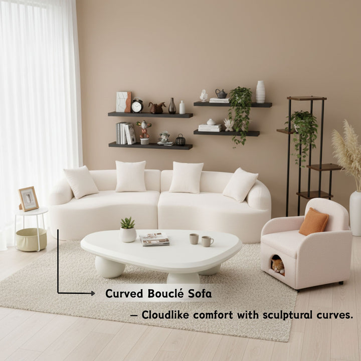 Canapé moderne incurvé en chenille couleur crème de FurnitureR, canapé sculptural contemporain avec coussins moelleux et assise profonde pour un confort optimal