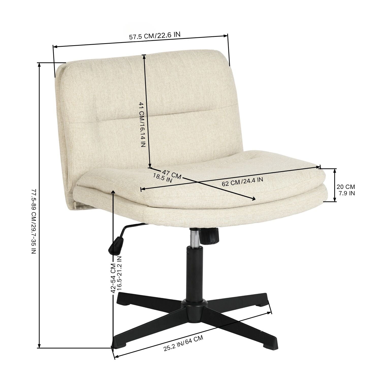 Chaise de bureau sans accoudoirs et sans roulettes FurnitureR - Chaise pivotante à dossier croisé réglable, dossier mi-haut en tissu, beige, idéale pour la chambre, la coiffeuse ou le bureau.