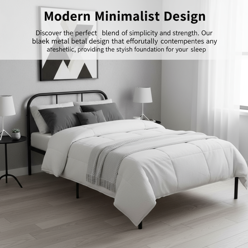 FurnitureR Metallbettgestell, Einzelbettgröße, mit Kopf- und Fußteil, geräuschloses Design, Stauraum unter dem Bett, kein Lattenrost erforderlich, Schwarz