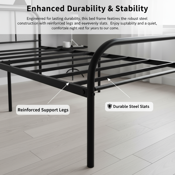 FurnitureR Metallbettgestell, Einzelbettgröße, mit Kopf- und Fußteil, geräuschloses Design, Stauraum unter dem Bett, kein Lattenrost erforderlich, Schwarz