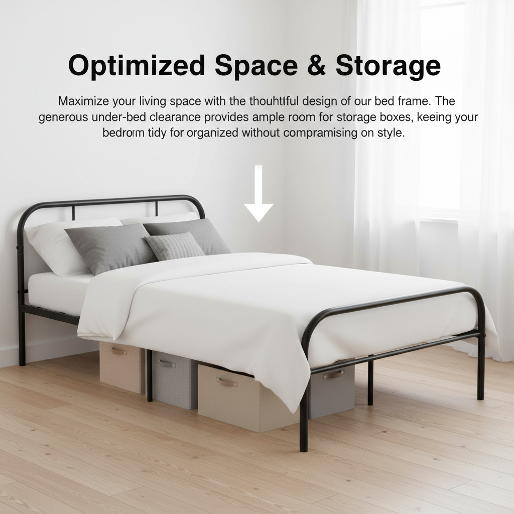 FurnitureR Metallbettgestell, Einzelbettgröße, mit Kopf- und Fußteil, geräuschloses Design, Stauraum unter dem Bett, kein Lattenrost erforderlich, Schwarz