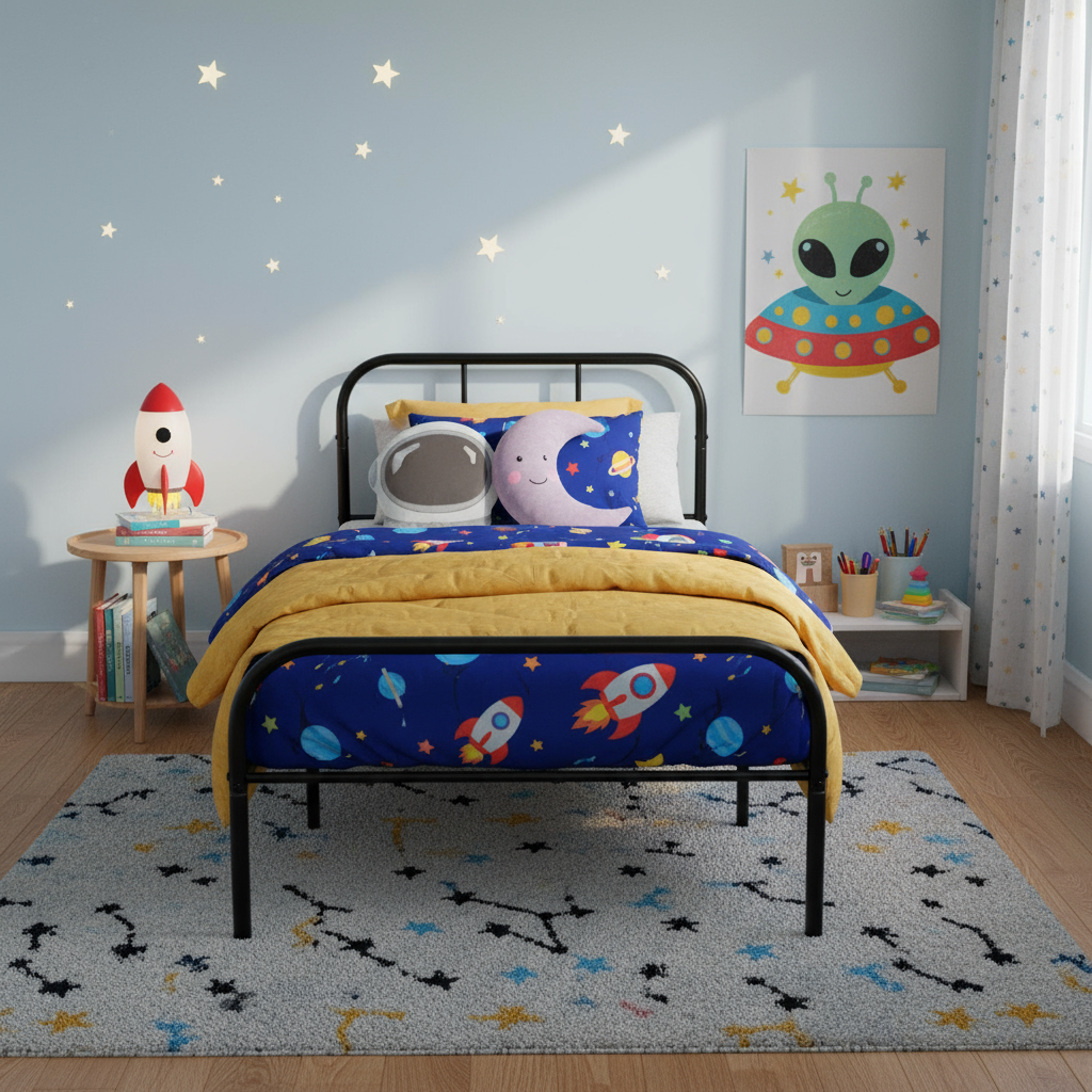 FurnitureR Metallbettgestell, Einzelbettgröße, mit Kopf- und Fußteil, geräuschloses Design, Stauraum unter dem Bett, kein Lattenrost erforderlich, Schwarz